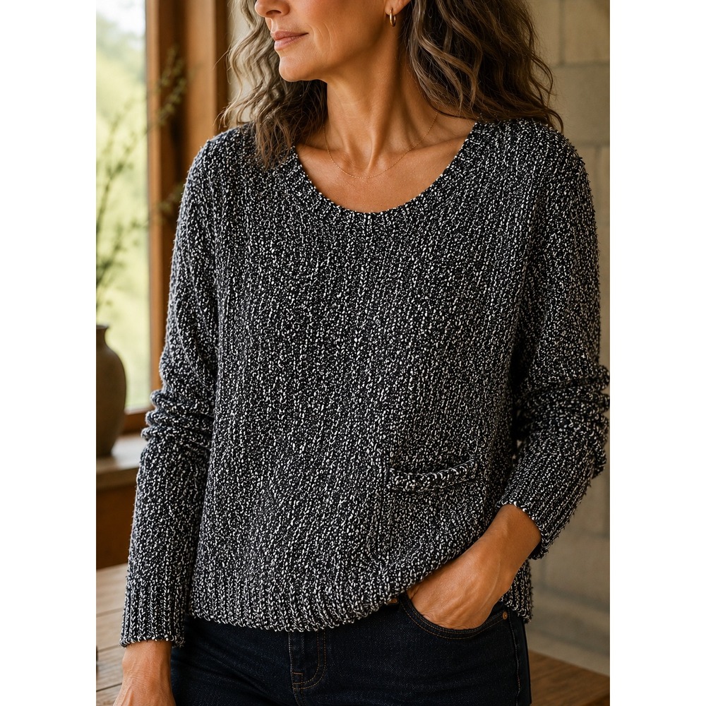 Eileen Fisher Italian Yarn Nubby Cotton Pullover Sweater Pocket Black White S